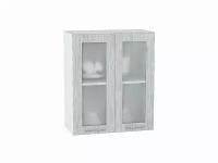 Настенный модуль для кухни Шкаф верхний с 2-мя остекленными дверцами Валерия-М 716*600*318 Серый металлик дождь светлый / Белый