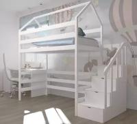Кровать детская, подростковая "Чердак с лестницей-комодом", 180х90, белый, из массива