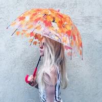 Зонт женский прозрачный купол трость Листья Оранжевые