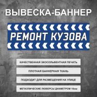 Вывеска баннер "Ремонт Кузова" синяя, уличная рекламная вывеска (размер 100х35см)