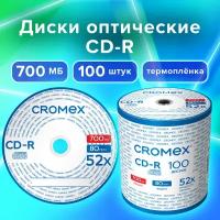 CD диски для записи музыки аудио фото видео набор CD-R 100 штук, 700 мб, скорость 52x, термоусадка без шпиля, Cromex, 513779