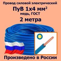 Провод силовой электрический ПуВ 1х4 мм2, синий/голубой, медь, ГОСТ, 2 метра