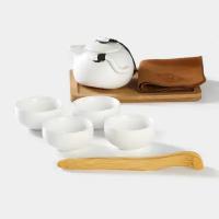 Чайный сервиз SKYPHOS "Тясицу", набор для чайной церемонии, чайник, пиалы, щипцы, салфетка, цвет белый