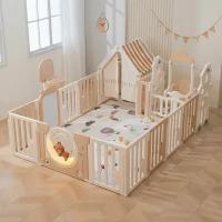 Большой детский игровой манеж, комплекс с качелями UNIX Kids DeLuxe House 150x180 Camel из пластика, с игровым домиком, баскетбольной стойкой, доской для рисования, для дома и улицы, бежевый