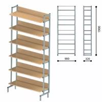 Стеллаж на металлокаркасе односторонний 1900×900×320 мм, серый каркас, 6 полок ЛДСП бук