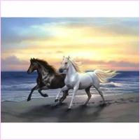 Алмазная мозаика "Конь и лошадь" Алмазная вышивка / картина стразами Полная выкладка 30х30 размер холста, 25х25 размер картины