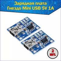 Модуль заряда Li-ion аккумуляторов TP4056, гнездо Mini USB 5В 1А 2 шт, Интеграционная Плата Контроллер зарядки Литиевых Батарей 5V 1A