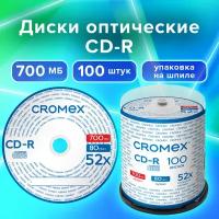 CD диски для записи музыки аудио фото видео набор CD-R 100 штук, 700 мб, скорость 52x, упаковка на шпиле, Cromex, 513778