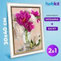 Алмазная мозаика полная выкладка HOBKIT "Букет пионов 30х40+Багет белый " 40х30 размер холста