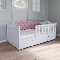 Детская кровать " Оливия корона" с мягкой спинкой из массива Бука, цвет спинки светло-розовый, с ящиками и бортиком mama-wood.com