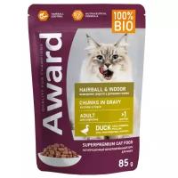 AWARD Hairball & Indoor влажный корм для взрослых домашних кошек, для выведения шерсти, кусочки в соусе с уткой, в паучах - 85 г х 24 шт