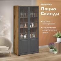 Шкаф-витрина Лацио, двухдверный с полками, 96х53х204см, Сканди (темно-серый/графит,коричневый)