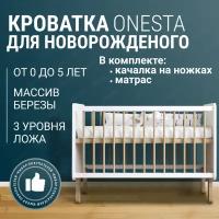 Детская кроватка-колыбель для новорожденных + Матрас, приставная, MebelKids "ONESTA", Цвет- Белый, с Качалкой на ножках