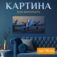 Картина на холсте "Самолет, ангар, авиатор" на подрамнике 75х40 см. для интерьера