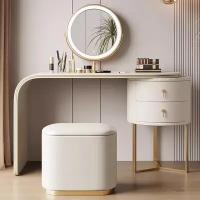 Элегантный туалетный столик 100 см покрытый кожей с круглой тумбой и изогнутой столешницей (кремовый столик 100 см + зеркало + пуф)