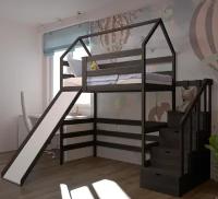 Кровать детская, подростковая "Чердак с лестницей-комодом и горкой", 180х90, масло "Графит", из массива