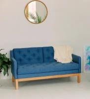 Дизайнерский диван Soft Element Нептун, двухместный, массив дерева, рогожка, синий-бук, скандинавский лофт, в офис, для кафе и ресторанов, мини