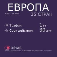 Туристический eSIM "Европа 35 стран, 1 Гб/30 дней". Пакет "Трафик и интернет-звонки"