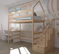 Кровать детская, подростковая "Чердак с лестницей-комодом", спальное место 180х90, натуральный цвет, из массива