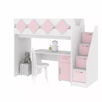 Детская кровать-чердак Скаут-4 с лестницей-комодом,Белый корпус/розовый