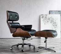 Кресло Eames lounge c оттоманкой на колесах черное