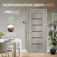 Дверь межкомнатная VellDoris NEXT 1, муар светло-серый, 800x2000, LR, стекло лакобель черное, без врезки замка и петель