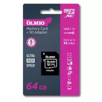 Карта памяти microSDXC 64GB Class 10 UHS-I, c адаптером, OLMIO