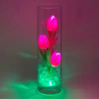 Ночник "Светодиодные цветы" LED Florarium, 3 розовых тюльпана с зелёной подсветкой