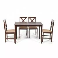 Обеденный комплект эконом Хадсон (стол + 4 стула)/ Hudson Dining Set, дерево гевея/мдф, стол: 110х70х75см / стул: 44х42х89см, cappuccino (темный орех), ткань кор.-зол. (1