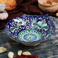 Шафран Блюдо Риштанская Керамика "Цветы", 25 см, синее, рифлёное, овальное