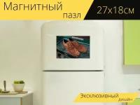 Магнитный пазл "Броги, мужская обувь броги, кожаные броги" на холодильник 27 x 18 см