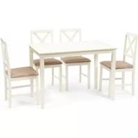 Обеденный комплект Tetchair Хадсон (стол + 4 стула)/ Hudson Dining Set дерево гевея/мдф, стол: 110х70х75см / стул: 44х42х89см, ivory white (слоновая кость), ткань кор.-зол