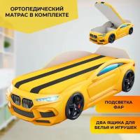 Кровать-машина "Romeo-M" желтая с матрасом, подъемным механизмом, ящиком для белья и подсветкой фар в комплекте