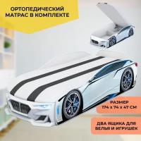 Кровать-машина "Boxter New" белая с матрасом, подсветкой фар и вместительным ящиком, спальное место 170х70 см