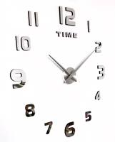 Часы большие кварцевые самоклеящиеся бескаркасные настенные 3D до 120 см DIY цифры серебристые арабские A022Sil