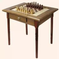 Шахматный стол темный с фигурами и ящиком (простые ножки) (72x72x72)