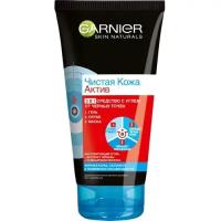 Средство для умывания Garnier Чистая Кожа Актив, Гель-Маска-Скраб, 3 в 1, с углем, 150 мл