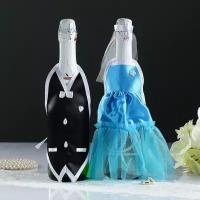 Украшение на шампанское "Свадебный вальс", бирюзовое