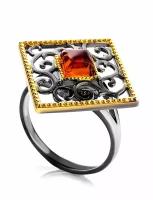 Кольца из серебра с позолотой Амберхолл Ажурное кольцо из чернёного серебра с позолотой и янтаря «Арабеска»
