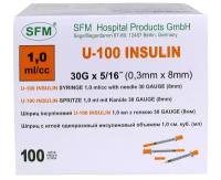 Шприц инсулиновый 1,0 мл со шкалой U-100 с интегрированной иглой 0,30х8 (30G)