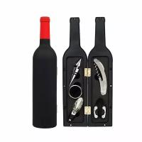 Подарочный винный набор сомелье в виде бутылки 32 см, 5 в 1 (черный с красным горлышком)