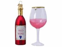 Набор ёлочных игрушек MAGIC RED WINE (бутылочка и бокал), стекло, 12.5 и 13.5 см, Kaemingk (Decoris) 120867-красный