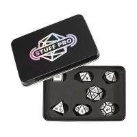 Набор металлических игральных костей (D4,D6,D8,D10-2,D12,D20) Stuff-Pro (черный с белой заливкой)