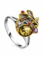Кольца из серебра с позолотой Амберхолл Красивое необычное кольцо, украшенное янтарём зелёного цвета «Беатриче»