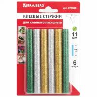 Клеевые стержни, диаметр 11 мм, длина 100 мм, цветные (ассорти), с блестками, комплект 6 шт., BRAUBERG, 670320