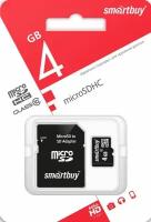 Карта памяти SMARTBUY SB4GBSDCL10-01 MicroSDHC, 4GB, Class10 + адаптер, черный