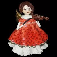 Статуэтка "Маленький ангел со скрипкой", в красном платье с тёмными волосами, Zampiva