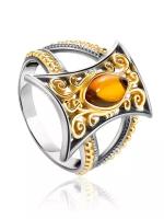 Кольца из серебра с позолотой Амберхолл Ажурное серебряное кольцо, украшенное натуральным янтарём «Арабеска»