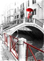 Флизелиновые фотообои Уютная стена "Черно-белая Венеции с красными деталями в стиле рисунка карандашом" 200х270 см с текстурой Песок