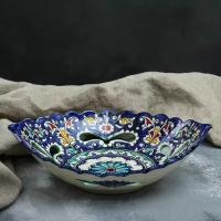 Шафран Блюдо Риштанская Керамика "Цветы", 27 см, синее, рифлёное, овальное
